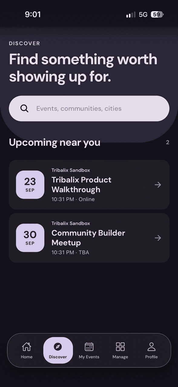 Tribalix discovery feed for nearby community events
