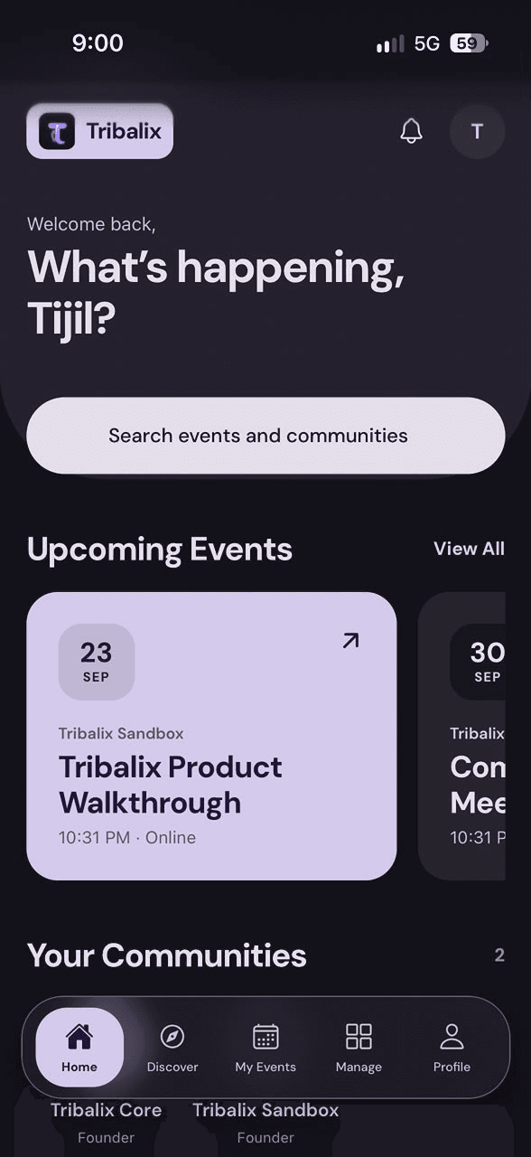 Tribalix home showing upcoming events and communities